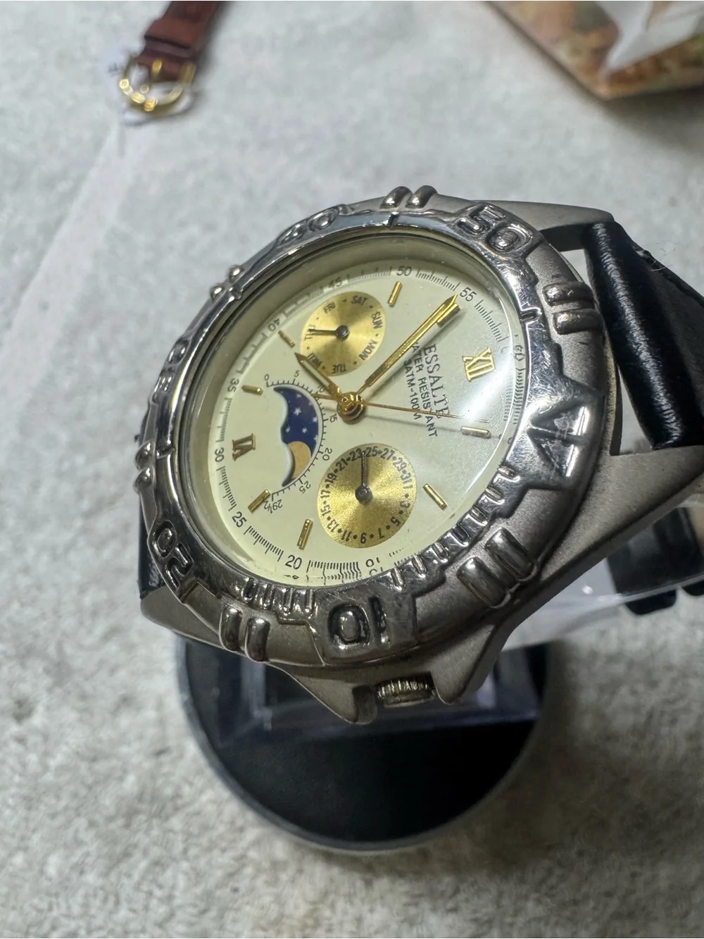 Men’s Black Leather Strap Watch with Cream Dial and Moonphase